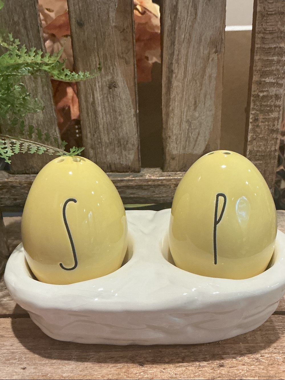 EUC - Rae Dunn Easter Egg Salt & Pepper Set with Holder